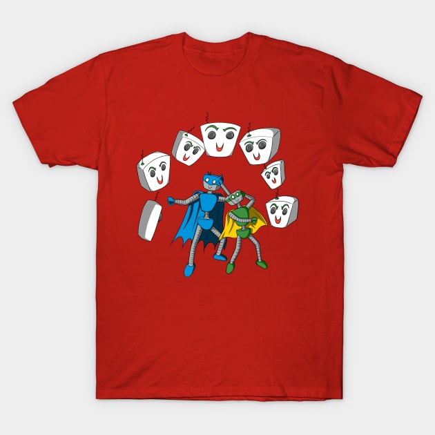 Joke-Bot torments BatBot and RoBot T-Shirt by Art of Love Bots